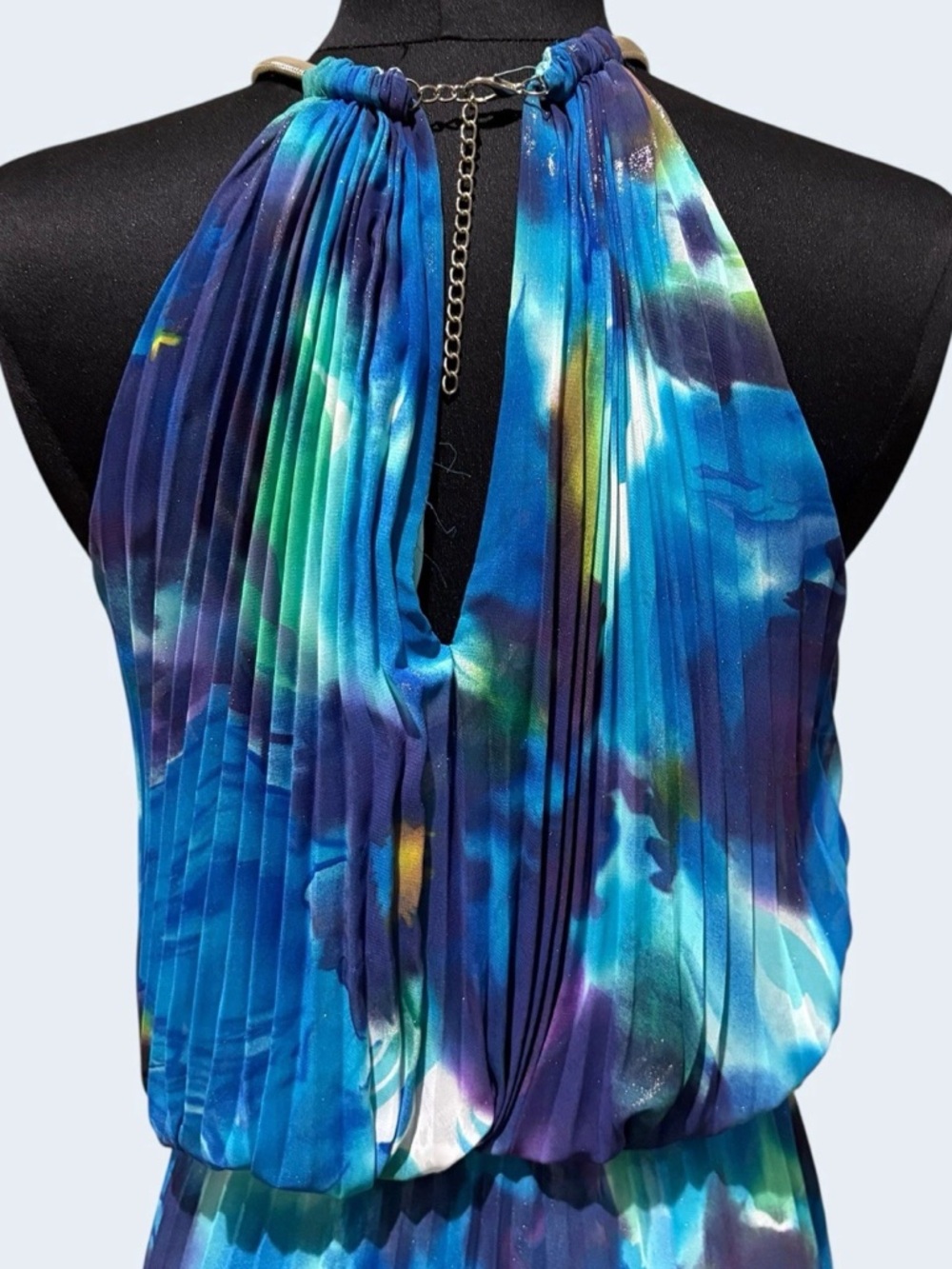XSCAPE Pleated Blouson Halter Indigo Blue Dress w. Gold Snake Chain - Size 14P - Picture 10 of 14